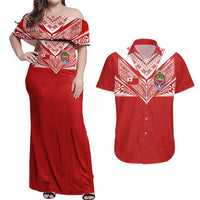 Custom Tonga Rugby Couples Matching Off Shoulder Maxi Dress and Hawaiian Shirt Ngatu Motifs and Pacific Patterns