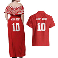Custom Tonga Rugby Couples Matching Off Shoulder Maxi Dress and Hawaiian Shirt Ngatu Motifs and Pacific Patterns