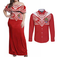 Custom Tonga Rugby Couples Matching Off Shoulder Maxi Dress and Long Sleeve Button Shirt Ngatu Motifs and Pacific Patterns