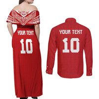 Custom Tonga Rugby Couples Matching Off Shoulder Maxi Dress and Long Sleeve Button Shirt Ngatu Motifs and Pacific Patterns