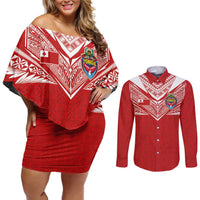 Custom Tonga Rugby Couples Matching Off Shoulder Short Dress and Long Sleeve Button Shirt Ngatu Motifs and Pacific Patterns