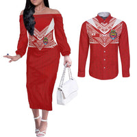 Custom Tonga Rugby Couples Matching Off The Shoulder Long Sleeve Dress and Long Sleeve Button Shirt Ngatu Motifs and Pacific Patterns