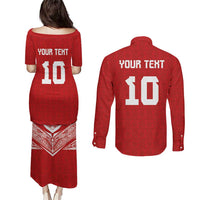 Custom Tonga Rugby Couples Matching Puletasi and Long Sleeve Button Shirt Ngatu Motifs and Pacific Patterns