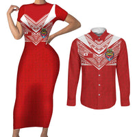 Custom Tonga Rugby Couples Matching Short Sleeve Bodycon Dress and Long Sleeve Button Shirt Ngatu Motifs and Pacific Patterns