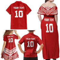 Custom Tonga Rugby Family Matching Off Shoulder Maxi Dress and Hawaiian Shirt Ngatu Motifs and Pacific Patterns