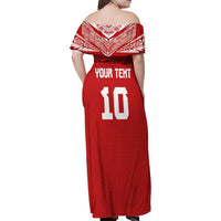 Custom Tonga Rugby Family Matching Off Shoulder Maxi Dress and Hawaiian Shirt Ngatu Motifs and Pacific Patterns