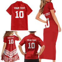 Custom Tonga Rugby Family Matching Short Sleeve Bodycon Dress and Hawaiian Shirt Ngatu Motifs and Pacific Patterns