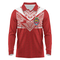 Custom Tonga Rugby Long Sleeve Polo Shirt Ngatu Motifs and Pacific Patterns