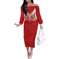 Custom Tonga Rugby Off The Shoulder Long Sleeve Dress Ngatu Motifs and Pacific Patterns