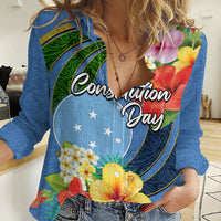 Micronesia Constitution Day Women Casual Shirt Hibiscus and Tapa Tribal Pattern LT03 Female Blue - Polynesian Pride