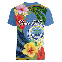 Micronesia Constitution Day Women V Neck T Shirt Hibiscus and Tapa Tribal Pattern LT03 - Polynesian Pride