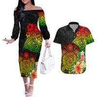 Polynesia Victory Day Couples Matching Off The Shoulder Long Sleeve Dress and Hawaiian Shirt Tribal Turtle and Hibiscus LT03 Reggae - Polynesian Pride