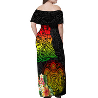 Polynesia Victory Day Off Shoulder Maxi Dress Tribal Turtle and Hibiscus LT03 - Polynesian Pride