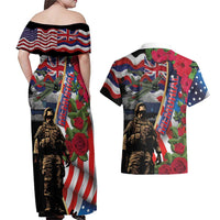 Hawaii and United States Memorial Day Couples Matching Off Shoulder Maxi Dress and Hawaiian Shirt Honor and Remember The Fallen