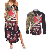 Japanese Culture and Hawaiian Tribal Couples Matching Summer Maxi Dress and Long Sleeve Button Shirt Sakura Blossom Tapa Pattern