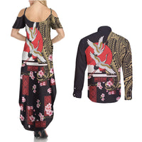 Japanese Culture and Hawaiian Tribal Couples Matching Summer Maxi Dress and Long Sleeve Button Shirt Sakura Blossom Tapa Pattern