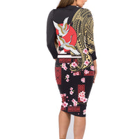 Japanese Culture and Hawaiian Tribal Family Matching Long Sleeve Bodycon Dress and Hawaiian Shirt Sakura Blossom Tapa Pattern