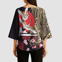 Japanese Culture and Hawaiian Tribal Kimono Sleeve Blouse Sakura Blossom Tapa Pattern - Polynesian Pride