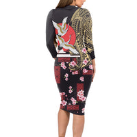 Japanese Culture and Hawaiian Tribal Long Sleeve Bodycon Dress Sakura Blossom Tapa Pattern