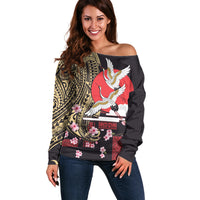 Japanese Culture and Hawaiian Tribal Off Shoulder Sweater Sakura Blossom Tapa Pattern
