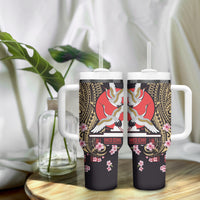Japanese Culture and Hawaiian Tribal Tumbler With Handle Sakura Blossom Tapa Pattern