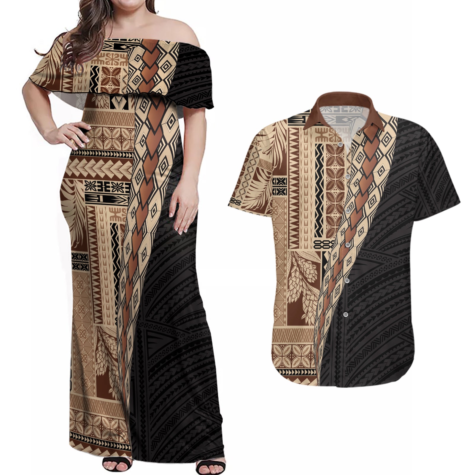 Samoa Siapo Motif Half Style Couples Matching Off Shoulder Maxi Dress and Hawaiian Shirt Brown Version