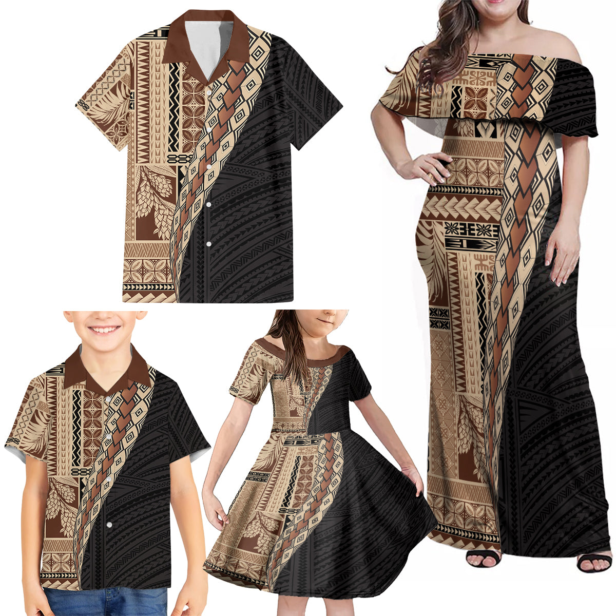 Samoa Siapo Motif Half Style Family Matching Off Shoulder Maxi Dress and Hawaiian Shirt Brown Version