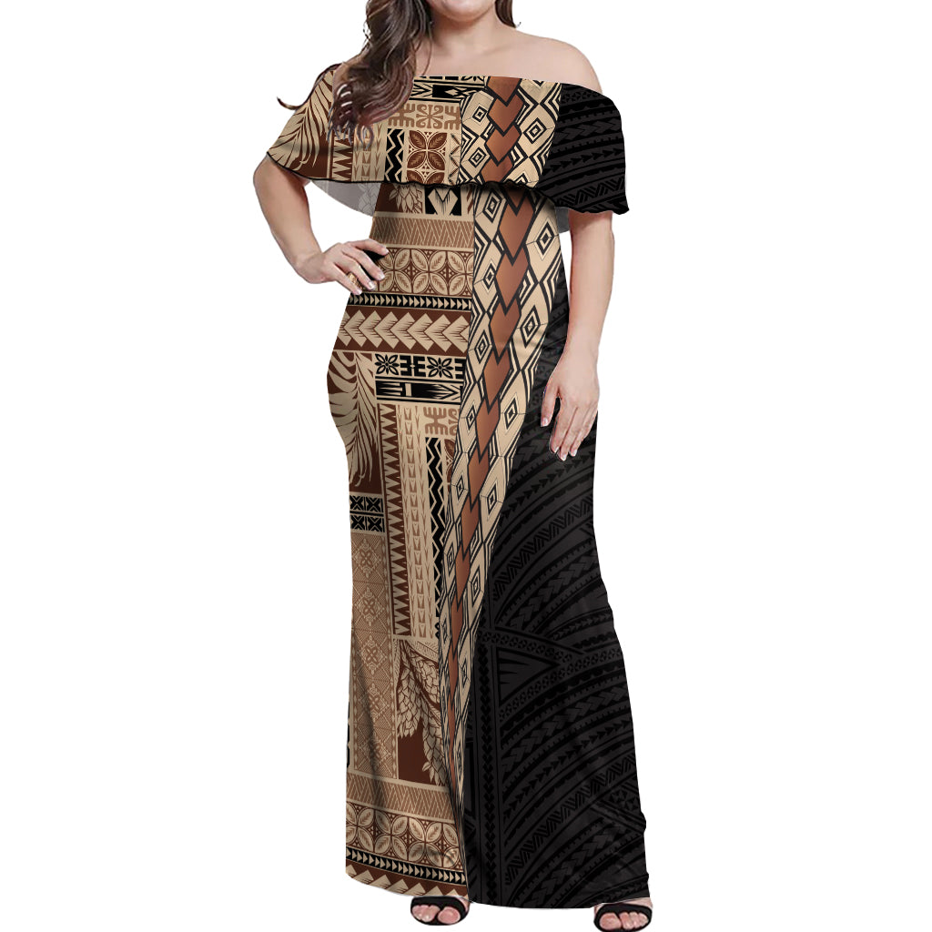 Samoa Siapo Motif Half Style Off Shoulder Maxi Dress Brown Version