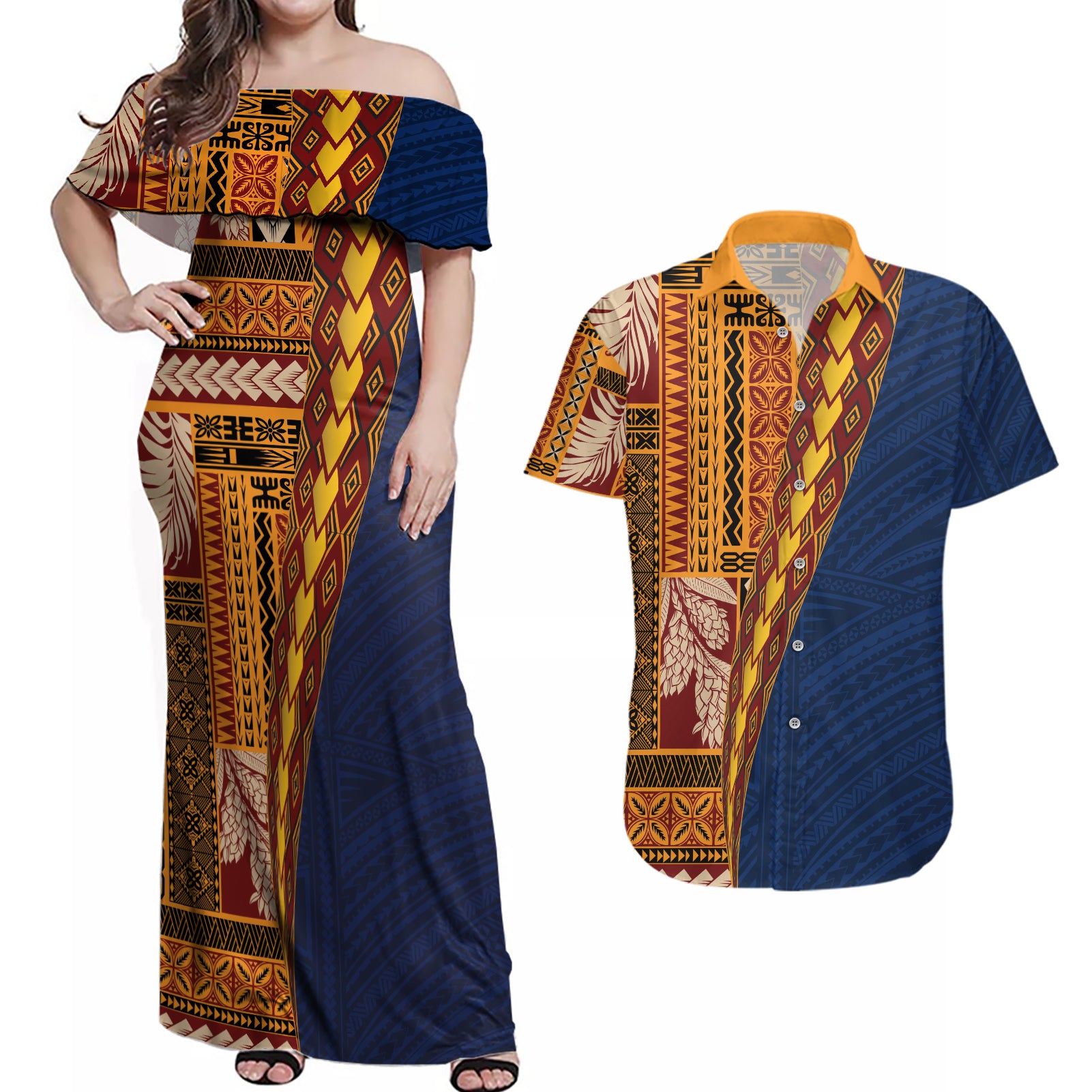 Samoa Siapo Motif Half Style Couples Matching Off Shoulder Maxi Dress and Hawaiian Shirt Colorful Version