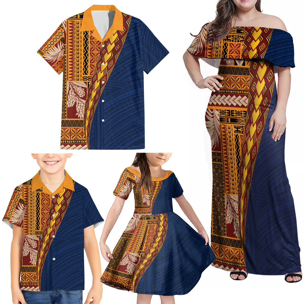Samoa Siapo Motif Half Style Family Matching Off Shoulder Maxi Dress and Hawaiian Shirt Colorful Version