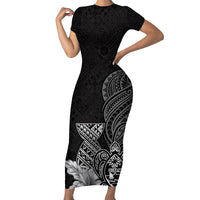 Guam Latte Stone Chamorro Culture Short Sleeve Bodycon Dress Tapa Pattern LT03 Long Dress Black - Polynesian Pride