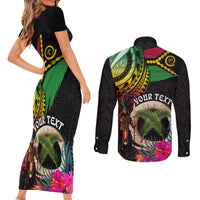 Personalised Vanuatu 44th Anniversary Couples Matching Short Sleeve Bodycon Dress and Long Sleeve Button Shirt Boars Tusk and Melanesian Warrior Indipendens Dei