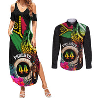 Personalised Vanuatu 44th Anniversary Couples Matching Summer Maxi Dress and Long Sleeve Button Shirt Boars Tusk and Melanesian Warrior Indipendens Dei