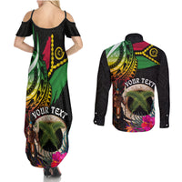 Personalised Vanuatu 44th Anniversary Couples Matching Summer Maxi Dress and Long Sleeve Button Shirt Boars Tusk and Melanesian Warrior Indipendens Dei