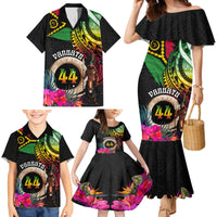 Personalised Vanuatu 44th Anniversary Family Matching Mermaid Dress and Hawaiian Shirt Boars Tusk and Melanesian Warrior Indipendens Dei