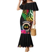 Personalised Vanuatu 44th Anniversary Mermaid Dress Boars Tusk and Melanesian Warrior Indipendens Dei LT03 Women Black - Polynesian Pride
