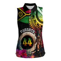 Personalised Vanuatu 44th Anniversary Women Sleeveless Polo Shirt Boars Tusk and Melanesian Warrior Indipendens Dei