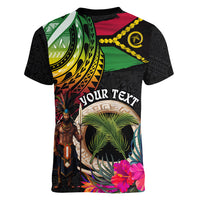 Personalised Vanuatu 44th Anniversary Women V-Neck T-Shirt Boars Tusk and Melanesian Warrior Indipendens Dei