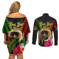 Vanuatu Independence Day Couples Matching Off Shoulder Short Dress and Long Sleeve Button Shirt Boars Tusk and Melanesian Warrior Indipendens Dei
