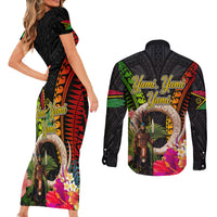 Vanuatu Independence Day Couples Matching Short Sleeve Bodycon Dress and Long Sleeve Button Shirt Boars Tusk and Melanesian Warrior Indipendens Dei