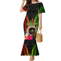 Vanuatu Independence Day Family Matching Mermaid Dress and Hawaiian Shirt Boars Tusk and Melanesian Warrior Indipendens Dei