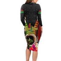 Vanuatu Independence Day Long Sleeve Bodycon Dress Boars Tusk and Melanesian Warrior Indipendens Dei