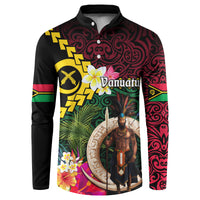 Vanuatu Indipendens Dei Button Sweatshirt Boars Tusk and Melanesian Warrior Hibiscus