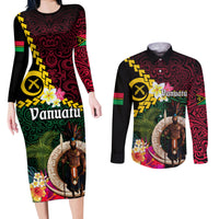 Vanuatu Indipendens Dei Couples Matching Long Sleeve Bodycon Dress and Long Sleeve Button Shirt Boars Tusk and Melanesian Warrior Hibiscus