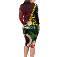 Vanuatu Indipendens Dei Long Sleeve Bodycon Dress Boars Tusk and Melanesian Warrior Hibiscus