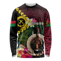 Vanuatu Indipendens Dei Long Sleeve Shirt Boars Tusk and Melanesian Warrior Hibiscus LT03 Unisex Black - Polynesian Pride