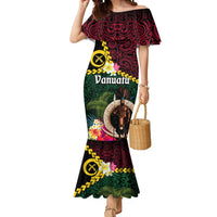 Vanuatu Indipendens Dei Mermaid Dress Boars Tusk and Melanesian Warrior Hibiscus LT03 Women Black - Polynesian Pride