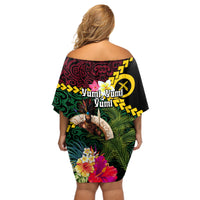 Vanuatu Indipendens Dei Off Shoulder Short Dress Boars Tusk and Melanesian Warrior Hibiscus LT03 - Polynesian Pride
