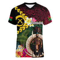 Vanuatu Indipendens Dei Women V-Neck T-Shirt Boars Tusk and Melanesian Warrior Hibiscus