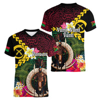 Vanuatu Indipendens Dei Women V-Neck T-Shirt Boars Tusk and Melanesian Warrior Hibiscus